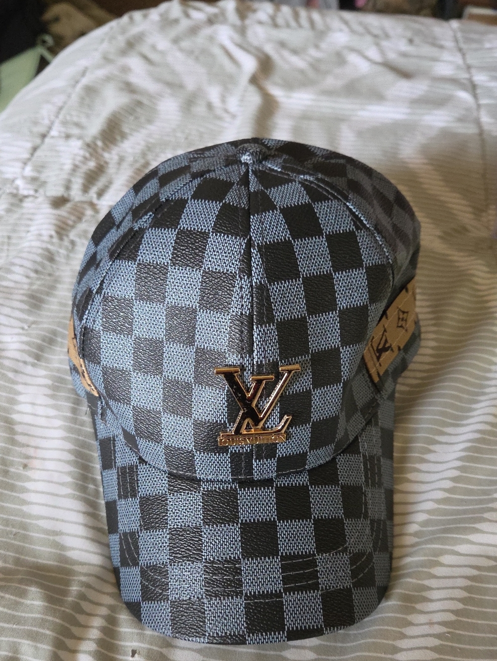 Louis Vuitton Black and Blue Check Baseball Cap with Gold LV Badge